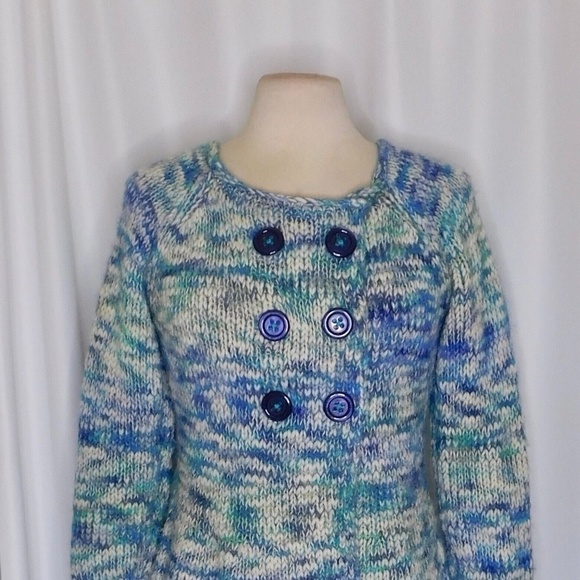 Anthropologie SLEEPING ON SNOW Blue Marled Double Breasted Cardigan Sweater Med - Picture 4 of 11